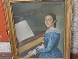 a painting of a woman in a blue dress playing a piano