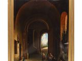 an oil painting on canvas of a hallway with a man and a woman