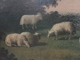 painting of sheep grazing in a field with a red flower in the foreground