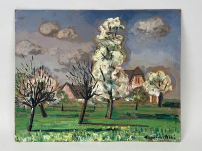 an oil painting of a field with trees and houses in the background