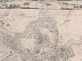 an old map of a city with a river in the middle of it
