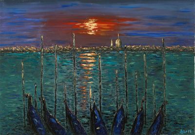 tableau représentant des gondoles sur l'eau, avec le soleil couchant en arrière-plan