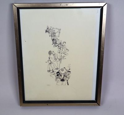 dessin encadré représentant une femme tenant un bouquet de fleurs à la main