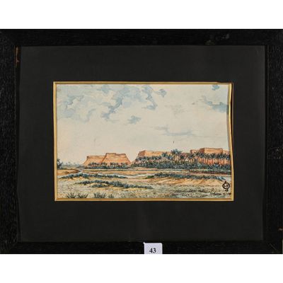 un tableau représentant un paysage avec des maisons et une rivière au premier plan