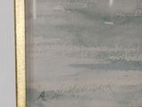 painting of a man on a surfboard in a gold frame on a white wall
