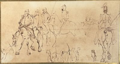 dessin représentant un groupe d'hommes à cheval, alignés en file indienne