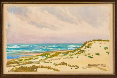une peinture à l'huile représentant une scène de plage avec des dunes de sable et un plan d'eau