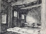 dessin représentant une pièce avec un lit et une table
