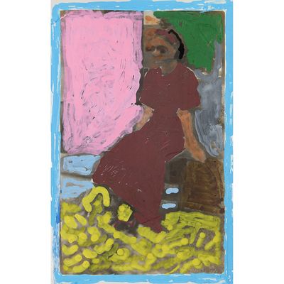 un tableau représentant une femme en robe rouge assise sur un tas de bananes