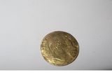 a close up of a gold coin on a white surface
