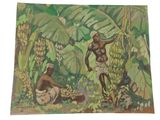 a painting of two men picking bananas from a tree