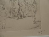 a drawing of a group of people standing in front of a building