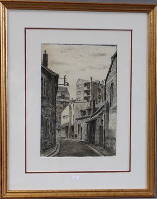 framed drawing of a street scene with buildings and a clock tower