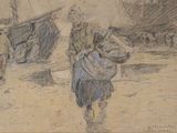 drawing of a woman carrying a child on a beach with a boat in the background