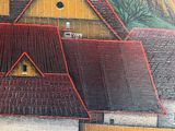 a picture of a painting of a house with a mountain in the background