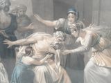 un tableau représentant une femme emmenée à l'hôpital