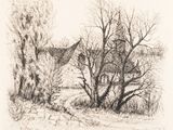 dessin au crayon représentant une maison avec un arbre devant