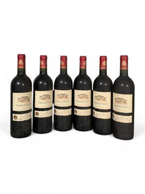 six bouteilles de vin sont alignées sur une surface blanche