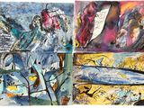 quatre tableaux différents représentant des oiseaux et des arbres sur fond blanc