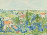 tableau représentant une vue d'un village avec des arbres et des maisons au loin
