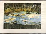 painting of a river with rocks in the water and grass in the foreground