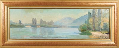 une peinture à l'huile représentant un paysage fluvial avec un château au loin
