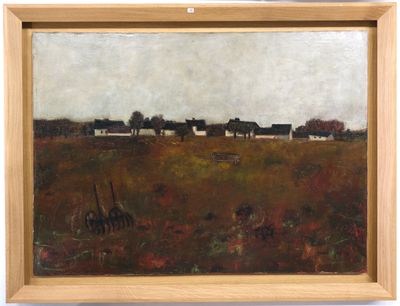 an image of a painting of a field with houses in the distance