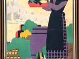 an image of a woman holding a tray of fruit in front of a building