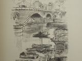 drawing of a bridge over a body of water with boats in it