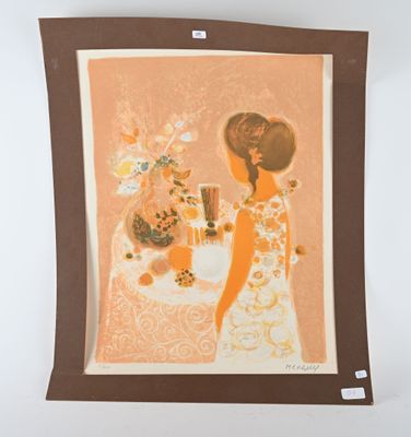 tableau représentant une femme avec un vase de fleurs posé sur une table