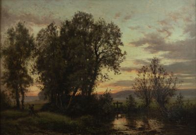 an image of a painting of a river with trees and a bridge