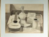 une peinture représentant une guitare, un vase et un livre posés sur une table