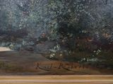 an oil painting of a woman walking down a path in the woods