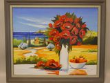 painting of red flowers in a white vase and a bowl of apples