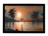 tableau représentant une personne sautant dans un lac au coucher du soleil