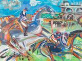 a painting of a horse race with jockeys and horses