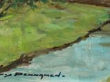 an oil painting of a river running through a lush green field