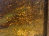 an oil painting of a mountain scene with a river in the foreground
