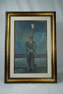 un tableau représentant un homme en costume et chapeau tenant un lampadaire