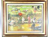 a painting of a group of people washing in a river