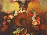 une peinture représentant un vase de fleurs et de fruits sur une table