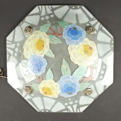 a picture of a decorative glass plate with flowers on it