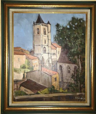 tableau représentant un bâtiment avec une tour horloge en son centre