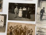 several old black and white photos of people and horses and carriages