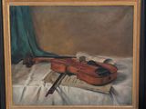 an oil painting of a violin sitting on top of a sheet of paper