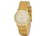 an image of a gold watch with a white dial and brown leather strap