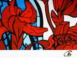 a picture of a painting of red flowers on a blue background