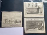 three old black and white drawings of a train and a train car