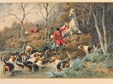 a painting of a man on a horse jumping over a group of dogs