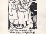 an old cartoon drawing of a group of people standing next to each other